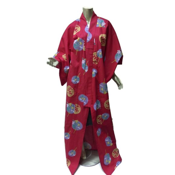 New Japanese Cotton Yukata Red Fanciful Moon Print Crisp Kimono - ONE SIZE - Picture 1 of 7